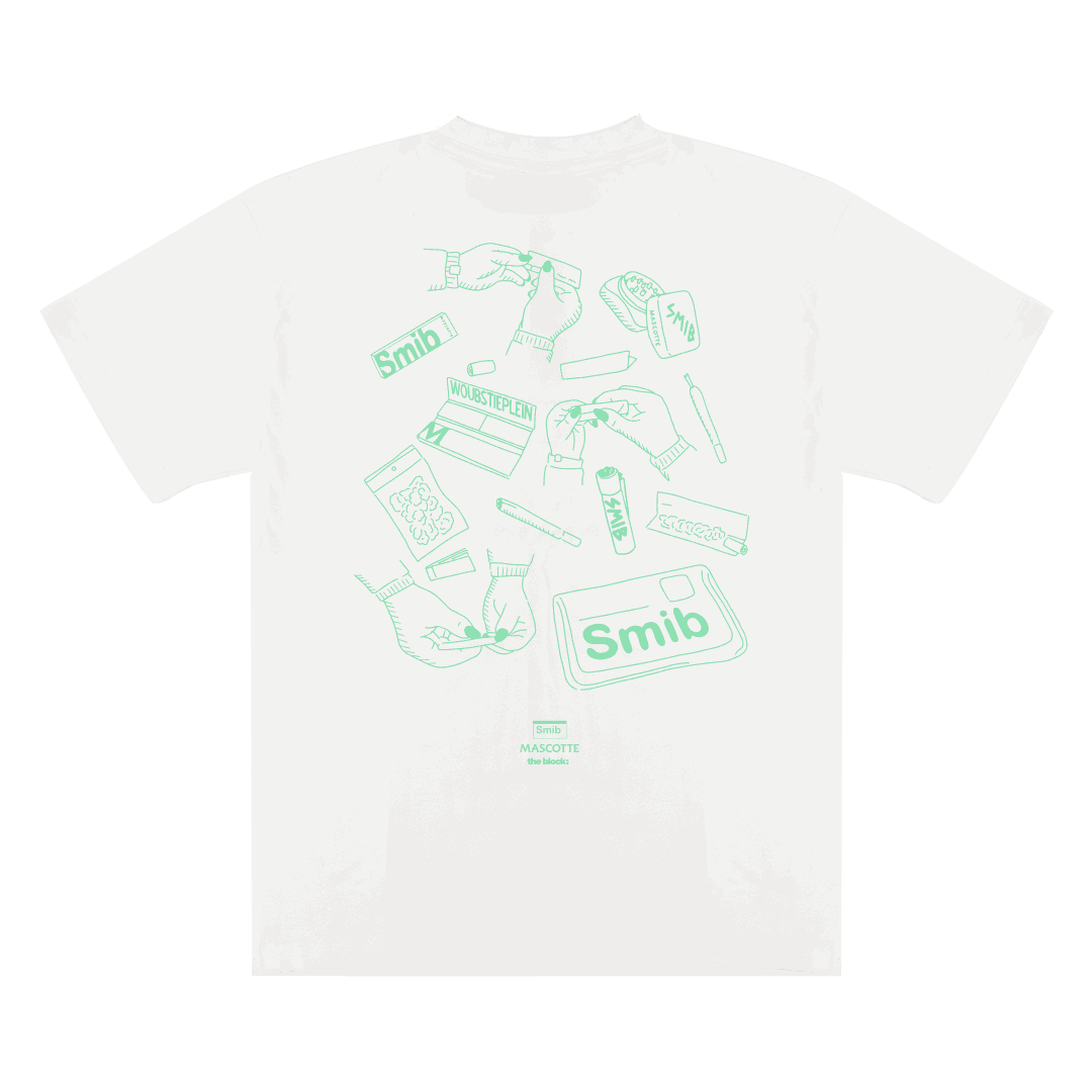 White Smib x Mascotte F*CK OV Rolling Tee with screen-printed rolling design on the back